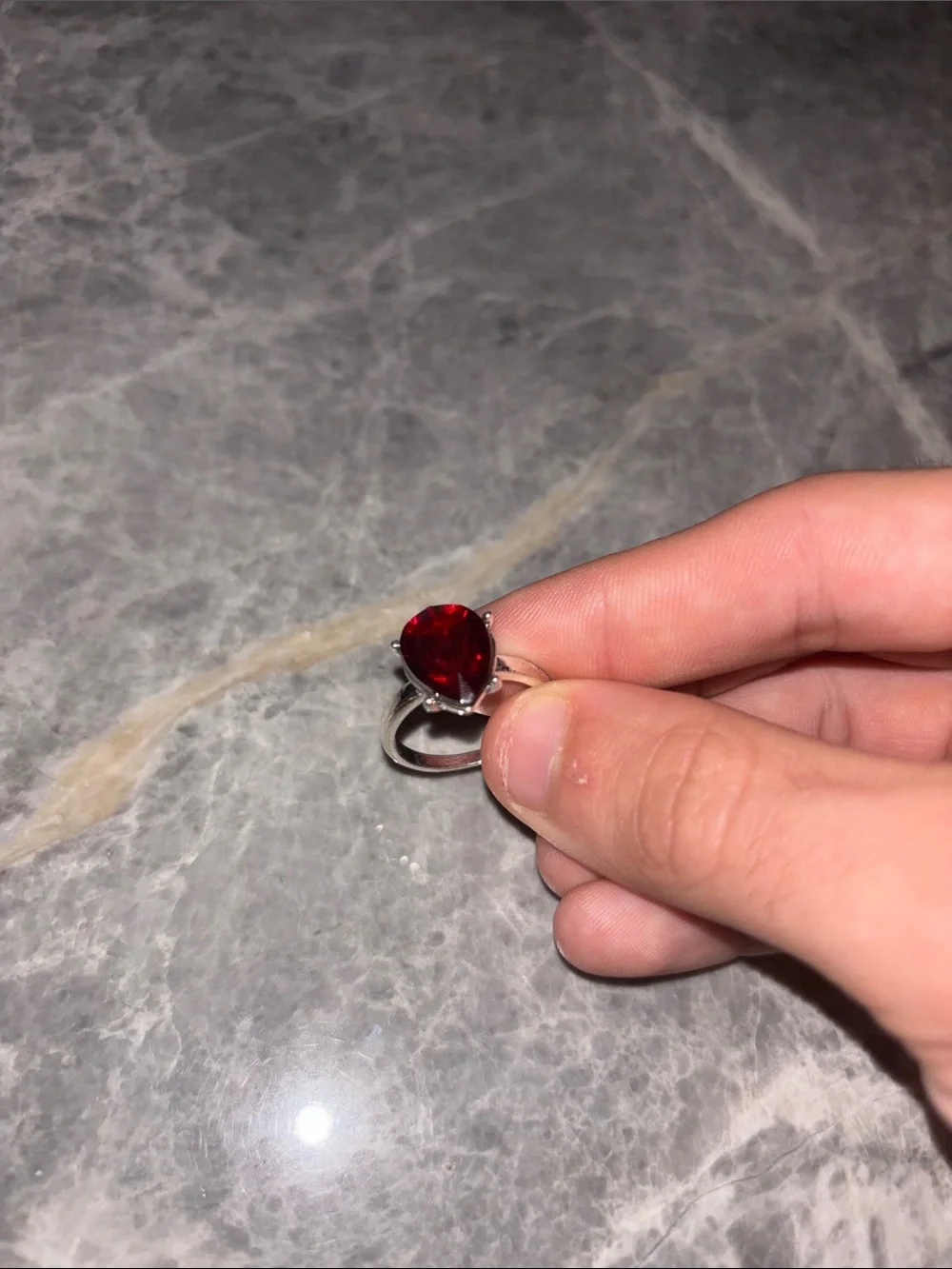 Silver Ring with Deep Red Teardrop Gemstone